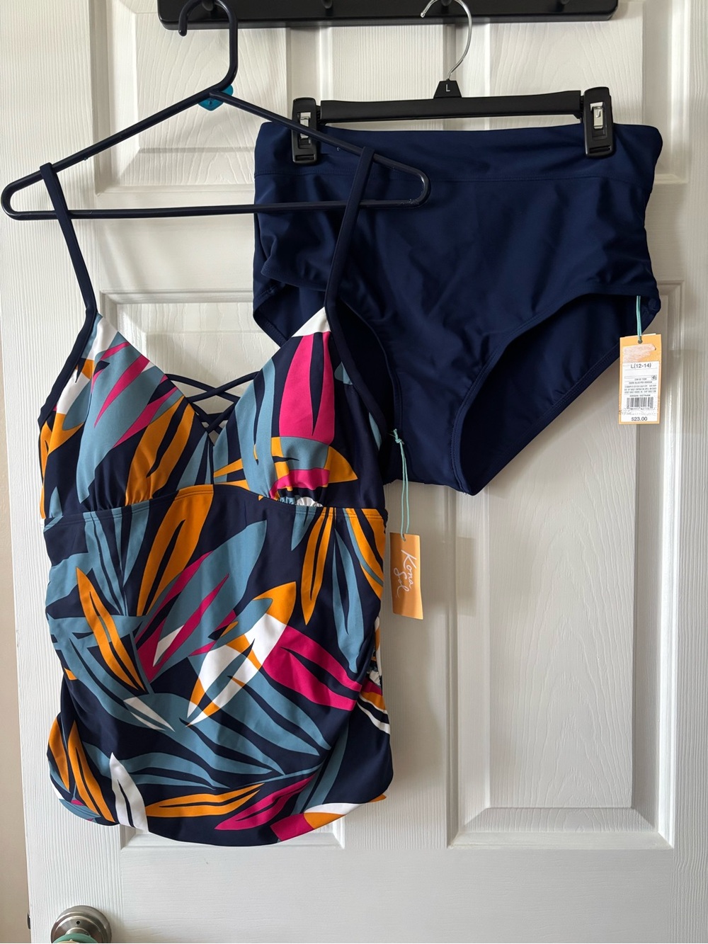 Kona Sol Navy Tankini with Pink Orange Teal & White Leaf Print